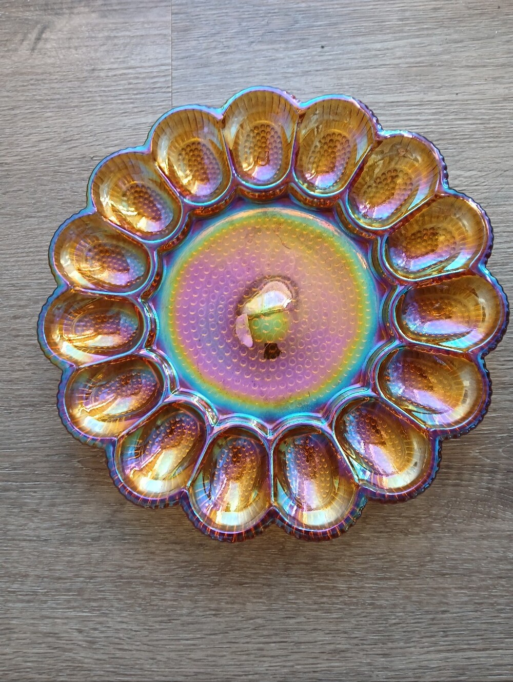Iridescent Marigold Amber Carnival Glass Deviled Eggs Serving Plate